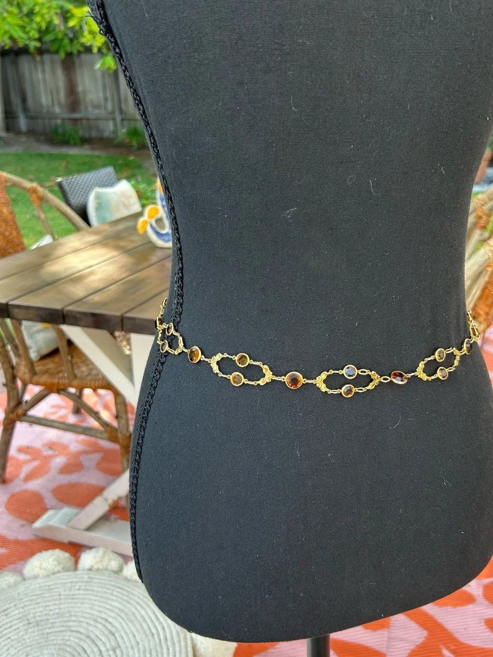 Beautiful vintage gold tone amber jeweled chain belt